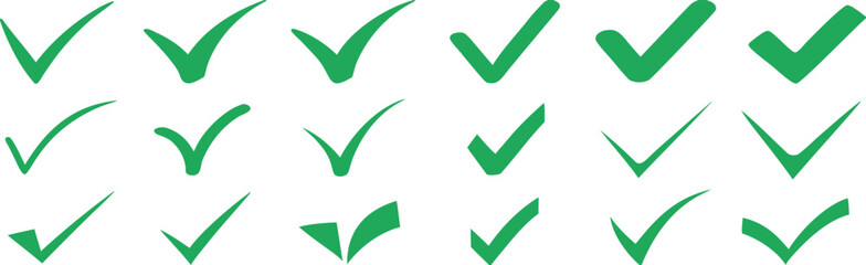 Green check mark icon set, hand-drawn checkmark illustration, approval check icon isolated on transparent green check mark symbols   © PUSPO