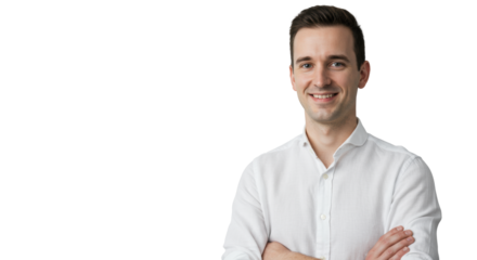 Young caucasian man, late 20s, dark hair, white linen shirt, arms crossed, genuinely smiling at camera in bright studio with negative space on left, concept of professional reliability