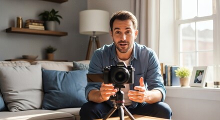 Man creating video content in his living room, using a camera on a tripod, in a well-lit setting, with natural light from the window.