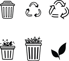 A collection of black and white environmental icons including recycling and waste management symbols