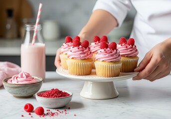 Hand decorated cupcakes with pink frosting and fresh raspberries, presented on a cake stand