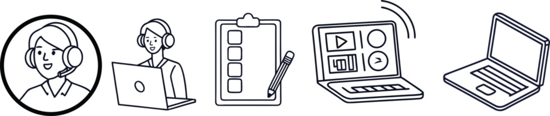 "Customer support icons with headset operator, online laptop, checklist, and communication tools in minimal line art design for call  remote work, and service solutions."