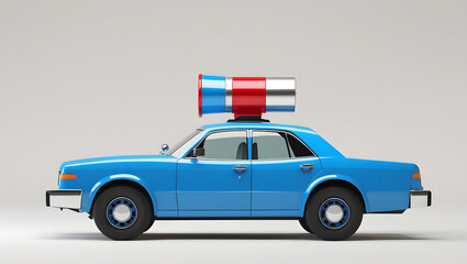 Flat vector clipart of a blue police car with siren, minimal clean style, isolated on white background, law enforcement vehicle illustration