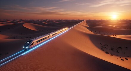 Obraz premium Highspeed train traveling through desert dunes at sunset with glowing tracks