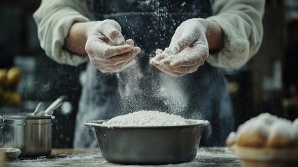 Chef's hands dusting flour over dough