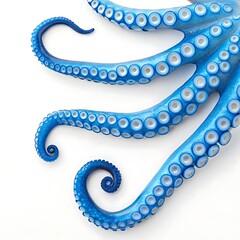 A close up of several blue octopus tentacles with white suckers on a plain white background surface