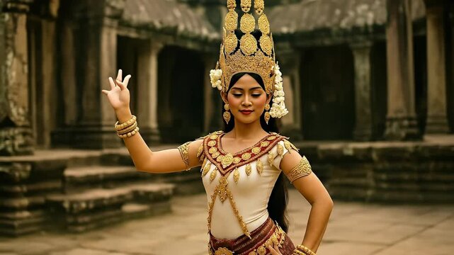 Graceful Cambodian Apsara Dancer in Traditional Apsara Dress from Cambodia, Performing at an Ancient Khmer Temple