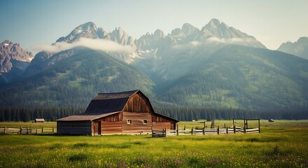 Rustic Barn in Grand Teton National Park with Majestic Mountains.