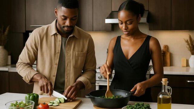 A warm, intimate kitchen scene captured at eye level, featuring a couple preparing a meal together, perfect for a cooking video concept.