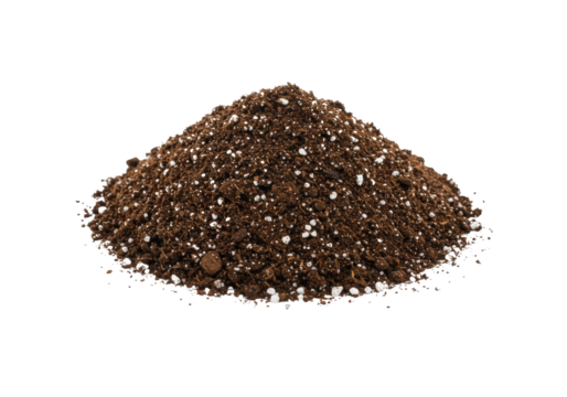 A pristine mound of dark brown soil with white perlite granules, centrally positioned on a clean, transparent background, high-angle top-down studio shot, concept of foundational growth and