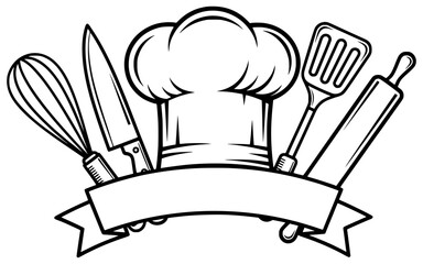 Chef Logo Svg. Chef hat and kitchen tools with a customizable ribbon banner, a vector graphic perfect for restaurant logos, cooking classes, and food-related designs.