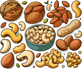 Healthy Food Collection with Cashew, Walnut, Almond, Peanut, Hazelnut Vector Isolated