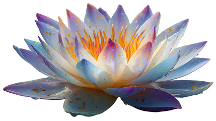 Vibrant water lily with layered petals in shades of blue, purple, and white, illuminated by a warm, golden center. Elegant floral beauty.