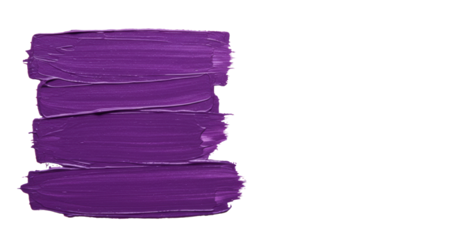 Bold horizontal rich purple paint brush stroke with texture on a transparent background, top-down view, soft studio lighting, ample negative space, concept of artistic innovation for corporate