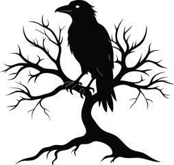 Fototapeta premium raven on haunted tree branch silhouette clean white