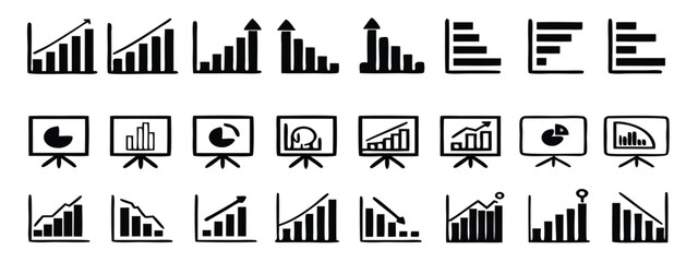 Business graphs and charts icons. Chart and diagram Icon. Business statistics and analytics, charts diagrams, money, down or up arrow. Vector illustration 