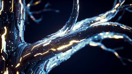 Abstract Digital Tree with Electronic Circuit Branches Glowing in Dark Backdrop - Powered by Adobe