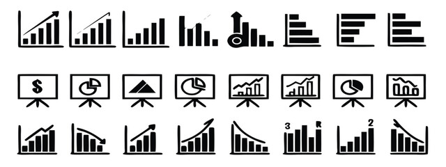 Business graphs and charts icons. Chart and diagram Icon. Business statistics and analytics, charts diagrams, money, down or up arrow. Vector illustration 