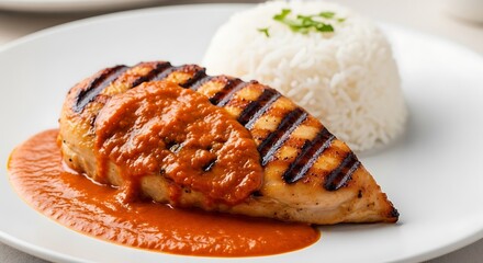 Grilled chicken breast with tomato sauce and rice.