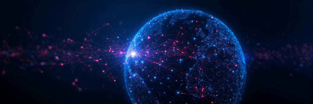 Abstract digital earth with glowing particles and light effects, symbolizing global network, data connection, and futuristic technology concept - Powered by Adobe