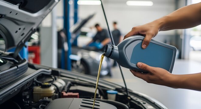 A mechanic pouring oil into a car engine during a routine maintenance checkup, servicing the vehicle.