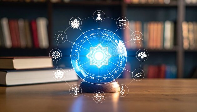 Crystal ball with astrological symbols glowing with mystic energy