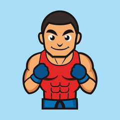 Cartoon illustration of a muscular man with boxing gloves isolated on white background