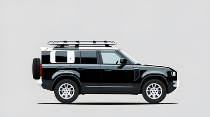 Minimal flat vector of a black SUV with roof rack, isolated modern sport utility vehicle clipart, clean car illustration for transport and travel design