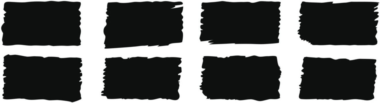 Set of rectangular grunge brush template. Rectangle brush stroke, ink paint brush, grunge lines. Black square shapes with ripped jagged borders 