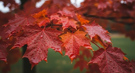 Close up of vibrant red maple leaves in autumn with water droplets.