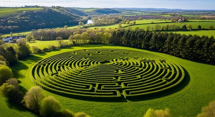 Naklejka premium Aerial view of maze in green landscape