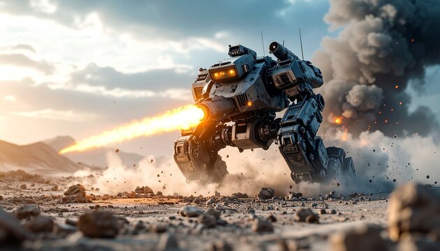 Giant war mech firing weapon in a desert battlefield