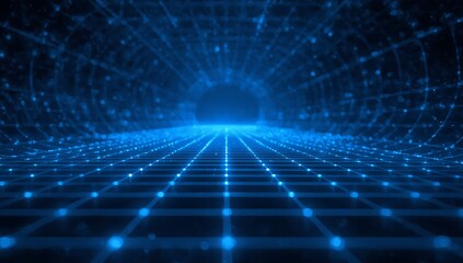 Abstract blue grid tunnel background with glowing dots, representing modern technology, digital network, and futuristic connection for visual communication