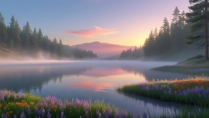 Fototapeta premium Misty mountain lake at sunrise with wildflowers