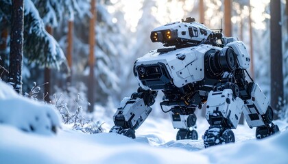 A futuristic white robot walks through a snowy forest