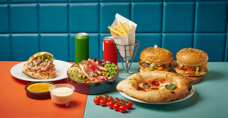 Assortiment de hamburgers et pizza et desserts