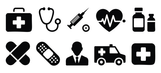 Medical Icon Set: Kit, Stethoscope, Syringe, Heartbeat, Medicine Bottles, Bandages, Doctor, Ambulance, and Hospital Symbol in Black Silhouettes