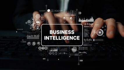 Hands Typing on Keyboard with Business Intelligence Graphics and Data Visualization Elements Overlaying Technology Concept. Asymptotic smart data analytic.