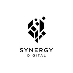 Abstract geometric cube logo design with pixelated effect in black color