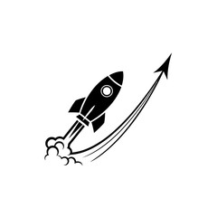 Illustration of a black rocket ship launching with smoke and upward arrow lines