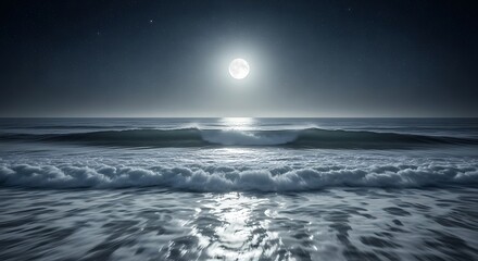 Serene Ocean Waves Under a Full Moon.