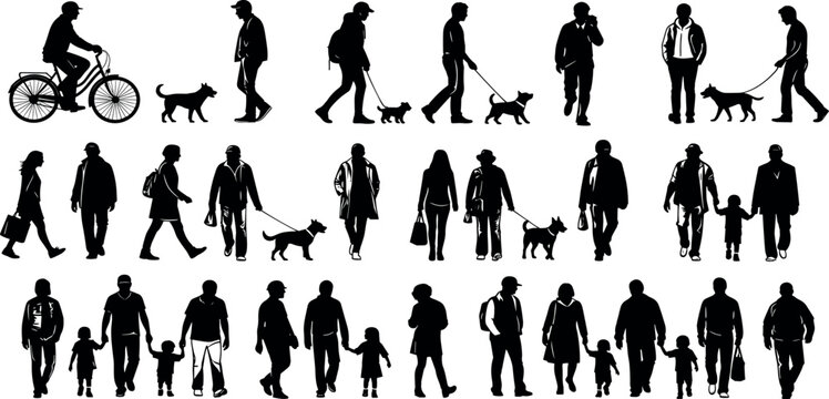 Black human silhouettes demonstrating diverse daily activities, including walking, cycling, families, and pet owners, for versatile graphic design applications