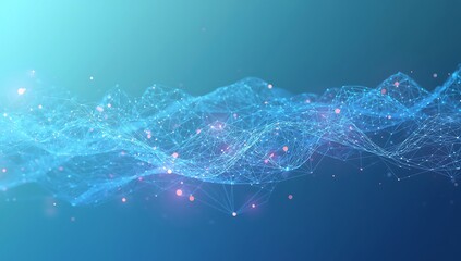 Abstract blue digital wave with glowing particles and connecting lines, representing modern technology, data networks, and futuristic communication systems