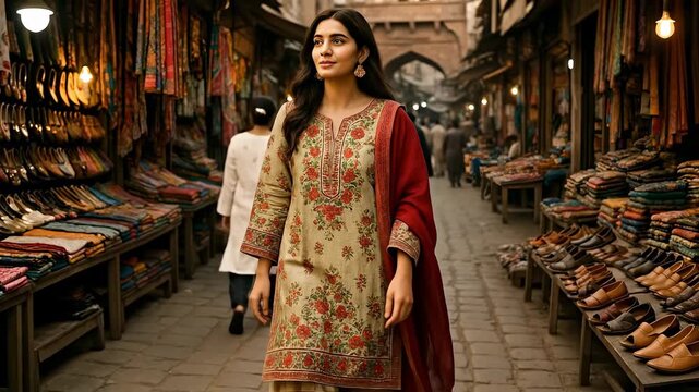 Elegant Woman in Traditional Embroidered Shalwar Kameez from a Vibrant South Asian Bazaar, gracefully walking through a bustling market with rich c...