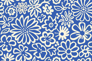 Hand drawn floral pattern with cream flowers on a blue background
