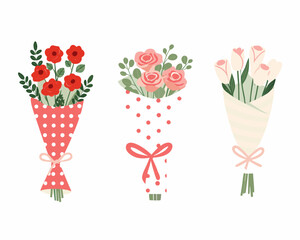 Three flat design bouquets of flowers with different colors and patterns