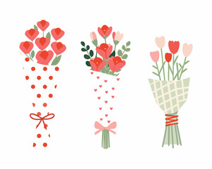 Three bouquets of tulips and roses with decorative wrapping