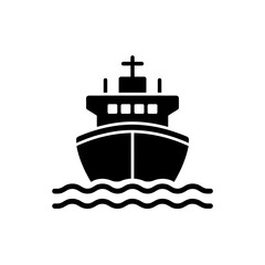 Obraz premium Black and White Silhouette of a Cargo Ship at Sea Minimalist Maritime Transport Icon Vector Illustration Navigation and Freight Concept