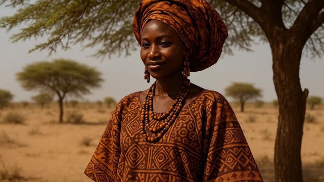 Elegant African Woman in a Traditional Dashiki Dress from West Africa with Matching Headwrap, Posing in a Sun-Drenched Savanna Landscape