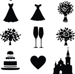 A collection of wedding themed icons including dresses, bouquets, cake, heart, church and champagne flutes